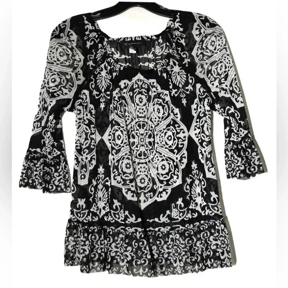 INC International Concepts Women’s Henna Emblem Black White Boho Blouse … - Picture 1 of 14